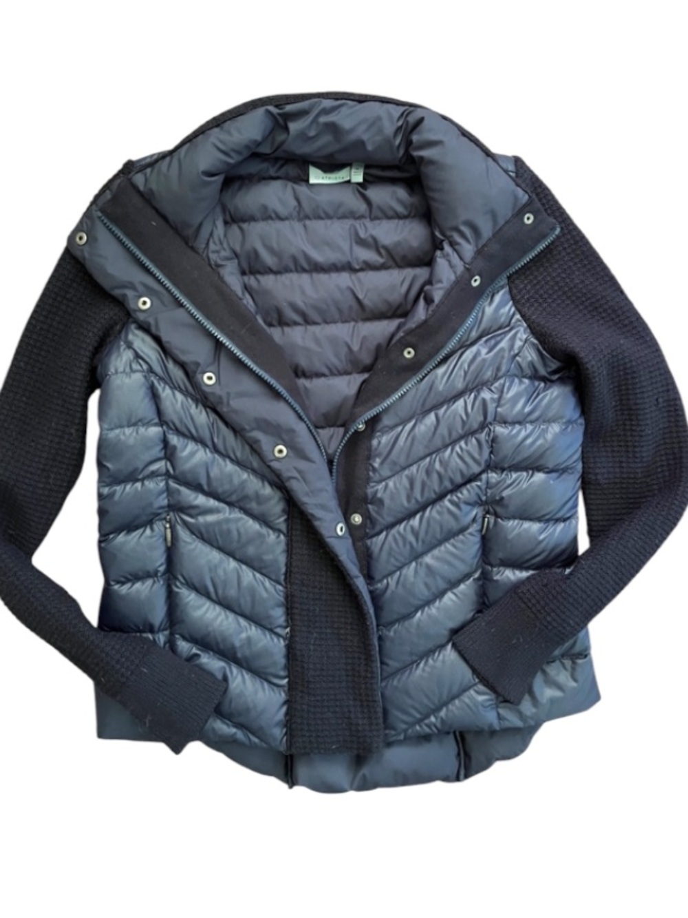Athleta Down Quilted Knit Sleeve Puffer Jacket in Navy Sz Medium